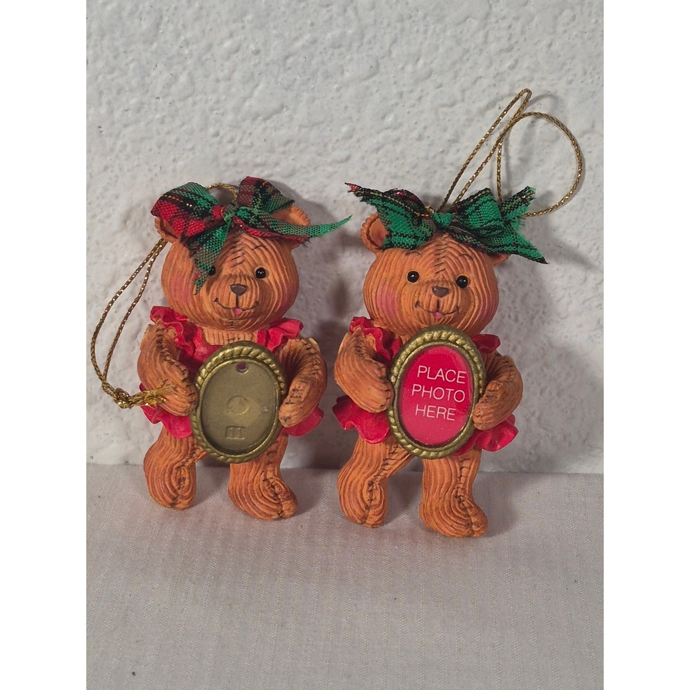 Vtg American Greetings Teddy Bear Christmas Ornament Set of 2 Photo Frame